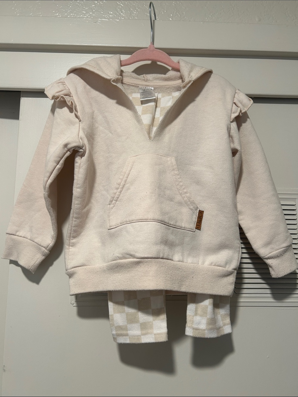 Kids Cream Hooded Sweatshirt Set with Ruffle Shoulders